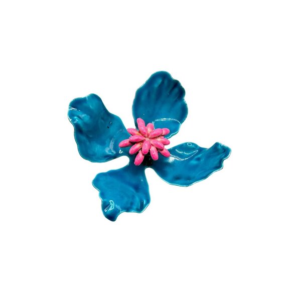 Vintage Enamel Flower Pin Brooch 70s Flower Power Layered Design Blue Pink - Picture 1 of 7